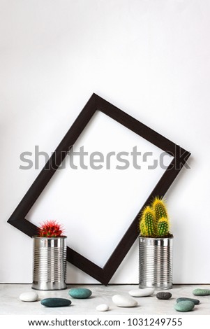 Black empty frame on the white 2x3 vertical background and two small cactus in white metal cans on cenent background, red and yellow. Stones, blue, green, Copy space. Camera angle 0 degreess.