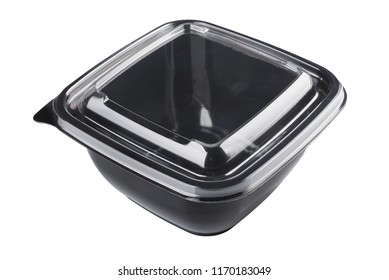 Black Empty Plastic Disposable Take Out Container Isolated On White Background With Clipping Path