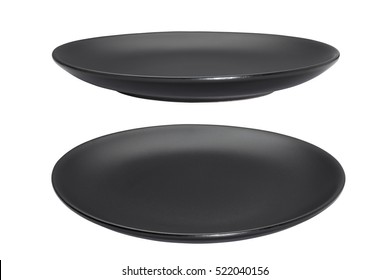 Black empty plate isolated on white background