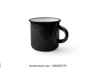 Black enamel mug isolated on white background. For your mock-up and branding. High resolution