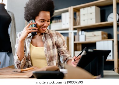 Black Ethnicity Entrepreneur Young Woman Working In Her Small Workshop. Female Small Business Owner