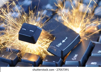 Black Exploding Computer Keyboard With Electric Sparks.