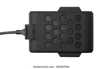 Black external hard drive with the inserted cable. Top view. Portable disk is isolated on a white background