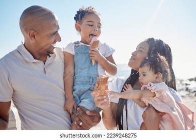 Black family, beach and ice cream with children and parents on sand by the sea or ocean during summer together. Kids, travel and relax with a mother, father and daughter siblings bonding in nature - Powered by Shutterstock