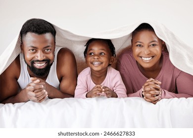 Black family, blanket and child with portrait on bed for relationship love, support and bonding for trust. Young girl, African man and woman on mattress with cover for wake up and relax together - Powered by Shutterstock