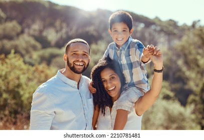 Black Family And Child In Nature For Summer Hiking, Adventure And Healthy Life With Sunshine And Trees. Happy Mother, Father Or Parents With Kid Portrait For Wellness, Outdoor Fun And Bonding In Park