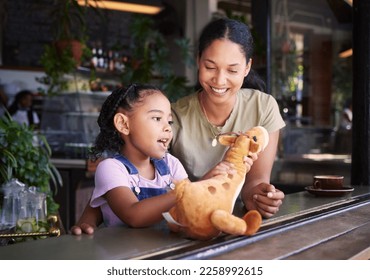 Black family, coffee shop or stuffed animal with a mother and daughter sitting in the window of a restaurant together. Kids, love or toys with a woman and female child bonding in a cafe on a weekend
