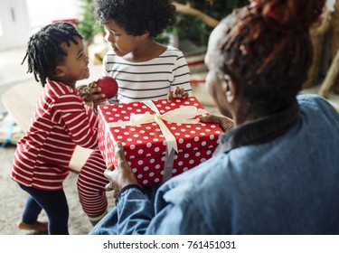 Black Family Enjoying Christmas Holdiay