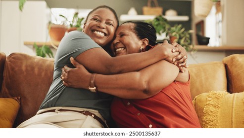 Black family, excited and women on sofa for hug, love and support in living room. Senior mother, daughter and embrace at home for care, surprise visit and reunion on couch with happiness and trust - Powered by Shutterstock