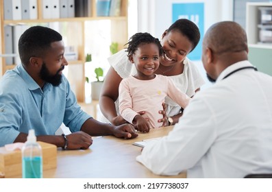 Black Family, Girl And Consulting Doctor In Hospital, Healthcare And Medical Room With Mother, Father And Kids. Smile, Happy And Trust With Pediatrician Employee, Worker And Children Medicine Support