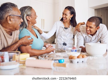 Black Family, Happy And Kitchen, Baking With Elderly In Houston Home Bonding. Family, Smile And Elderly With Cooking In Comic, Funny And Time Together For Food, Sweets And Dessert To Bake Cookies