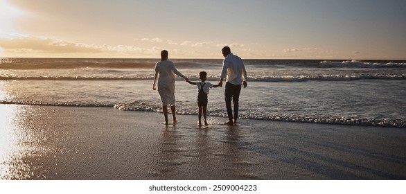 Black family, holding hands and walking on beach for relax with bonding, adventure and holiday fun with back. African people, parents and child at ocean for travel, support and enjoyment in summer - Powered by Shutterstock