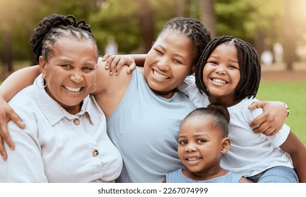 Black family hug of children, mother and grandmother relax together in nature park for freedom, fun quality time and bonding. Love, peace and generations portrait of cute happy kids, mom and grandma - Powered by Shutterstock