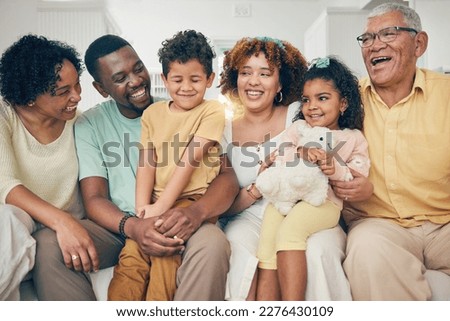Black family, kids and living room sofa with bonding, parent love and care in home. Lounge, happiness and children with mom and dad together feeling happy with a hug on a couch with mama and father