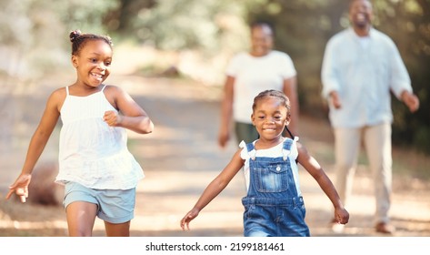 Black Family, Love And Fun Children Run With Smile, Play And Outdoor Adventure With Mother And Father Outdoor. Happy Black Woman And Man With Family And Kids Running, Travel And On Vacation In Nature