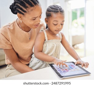 Black family, mother and girl or tablet in home, educational games and child development with learning app. Digital literacy, motor skills and color recognition activity, fun tech and people in house - Powered by Shutterstock