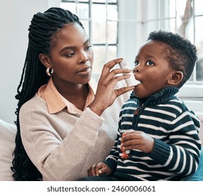 Black family, mother or inhaler for kid with asthma in home living room with chest pain or emergency. Anxiety, oxygen or mom with sick baby, boy or child with panic attack, allergy and breathing pump - Powered by Shutterstock