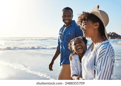 Black family, parents and girl by ocean, space and mockup with bonding, waves and people in sunshine on holiday. Father, mother and daughter with joke, laughing or excited by sea with hug on vacation - Powered by Shutterstock