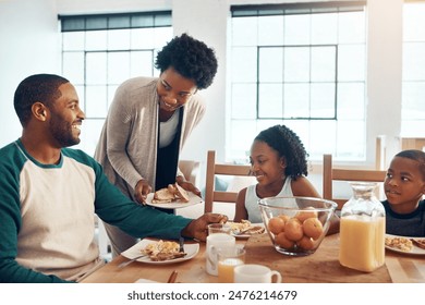 Black family, parents and kids with food for breakfast in home with serving, bonding and happy for healthy meal. Love, mom and dad with children in morning with talking, eggs and bread for nutrition - Powered by Shutterstock