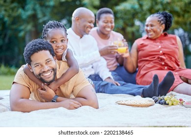 Black Family, Picnic And Father Bonding With Girl In Nature Park And Public Garden. Portrait Of Smile, Happy Or Fun Man With Small Child, Grandparents And Seniors In Reunion For Health Food And Drink