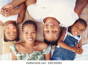 Black Family Portrait With Mother, Grandma And Children Relax For Summer Vacation, Holiday Or Happy Break In Sunshine. Big Family And Kids Face Smile Together Lying On Ground At Beach From Above