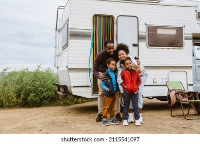 Black Family Taking Selfie Photo During Journey On Trailer Outdoors