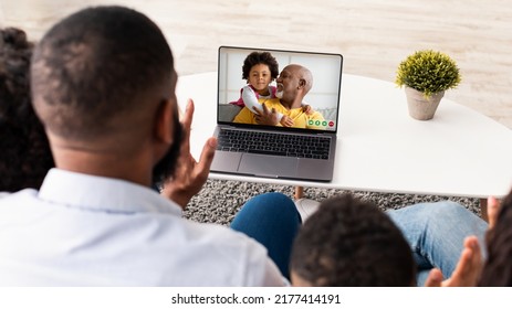 Black Family Using Laptop Computer For Video Call At Home, Talking To Senior African American Man With Child, Group Of People Waving Hands At Web Camera, Enjoying Online Communication, Collage