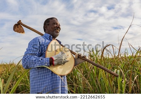 Black farmer smiling, with a hoe in his hands. Hat on chest. Brazilian farmer. Family farming. Sugar cane. Closed plan.
