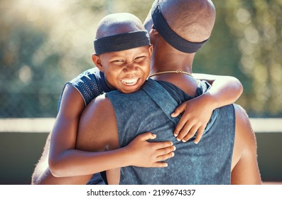 Black Father, Child Or Hug On Basketball Court In Sports Game, Winner Match And Success In Workout, Training And Exercise. Smile Portrait Of Happy, Comic And Wow Kid With Man In Fitness Bond Teamwork