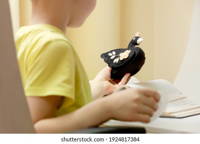 A black felt handmade swan with a  crown  lies is on a boys hand above the open book. The concept of animated fairy tales and stories, reading is a different reality.