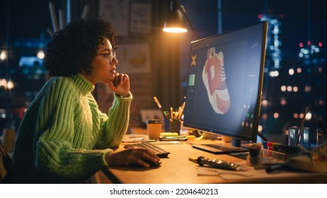 Black Female Art Director Reviewing 3d Model of Shoe, Working on Powerful Desktop Computer at Home. Artist Girl Making Visualisation in Special Software. Graphic Designer Concept. - Shutterstock ID 2204640213