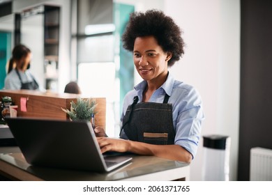 Black Female Hairstylist Using Laptop While Working At Hair Salon.