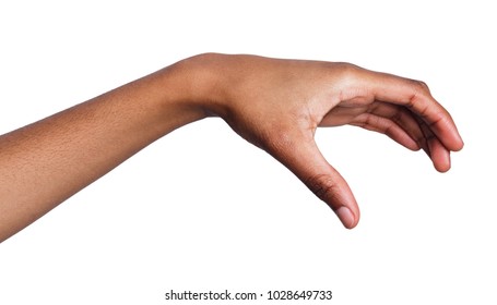 Black Female Hand Grab Or Take Some Items On White Isolated Background, Cutout, Copy Space