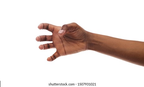 Black Female Hand Grabbing Something Invisible, Isolated On White Background. Panorama With Free Space