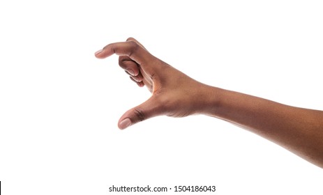 Black Female Hand Measuring Invisible Items, Showing Small Amount Of Something, Or Holding Virtual Smartphone, Isolated On White Background. Panorama With Copy Space