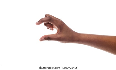 Black Female Hand Measuring Invisible Items, Showing Small Amount Of Something With Gesture, Isolated On White Background, Panorama