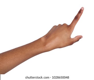 Black female hand point finger. Hand gestures - woman pointing on virtual object with forefinger, isolated on white background