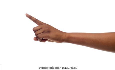 Black Female Hand Point Finger. Woman Gesturing Upwards With Forefinger, Isolated On White Background, Panorama