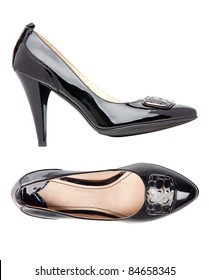 Black Female Shoes Over White, Side And Top Views