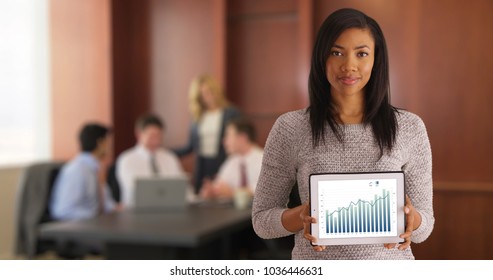 Black female showing graph on tablet screen coworkers discussing in background