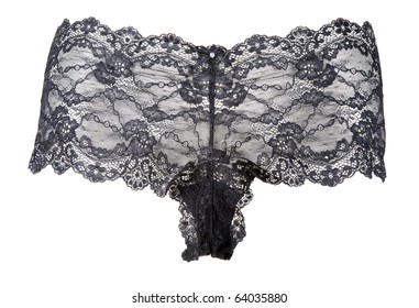 Black feminine panties from lace on white background