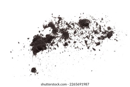 Black Fertilize Soil ready to planting, good organic soils with root for garden farming, fine detail of soil throw fly in air with dust dirty. High speed freeze shot over White background Isolated. - Shutterstock ID 2265691987