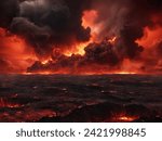 Black fiery red dramatic sky with clouds. Fire, war, explosion, catastrophe, flame. Horror concept. Web banner. Wide bloody red background with space for design. Panoramic.