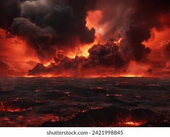 Black fiery red dramatic sky with clouds. Fire, war, explosion, catastrophe, flame. Horror concept. Web banner. Wide bloody red background with space for design. Panoramic.