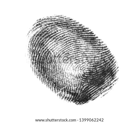 Black fingerprint on white background. Friction ridge pattern