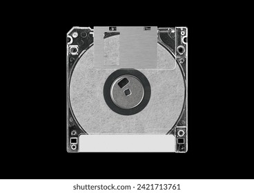 Black floppy disk or diskette isolated on black background