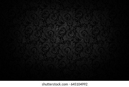 Black floral ornament with flowers and curls in a retro style