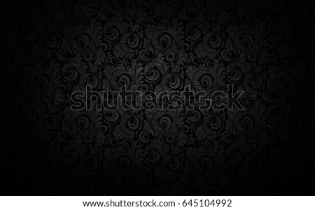 Black floral ornament with flowers and curls in a retro style