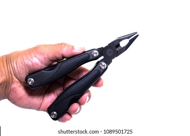 Black Folding Pliers In Hand With White Background.