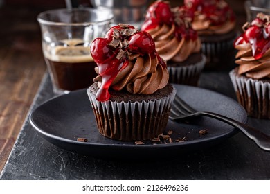 Black Forest Cupcake With Whipped Ganache Frosting And Cherry Topping